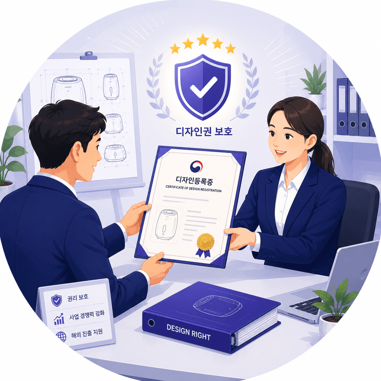 디자인등록 완료 및 디자인권 보호를 나타내는 일러스트